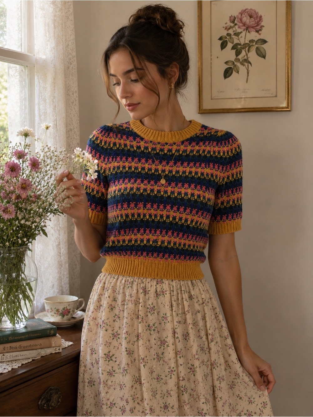 Universal Thread Multicolor Knit Sweater Mustard Trim Crewneck Short Sleeve XS